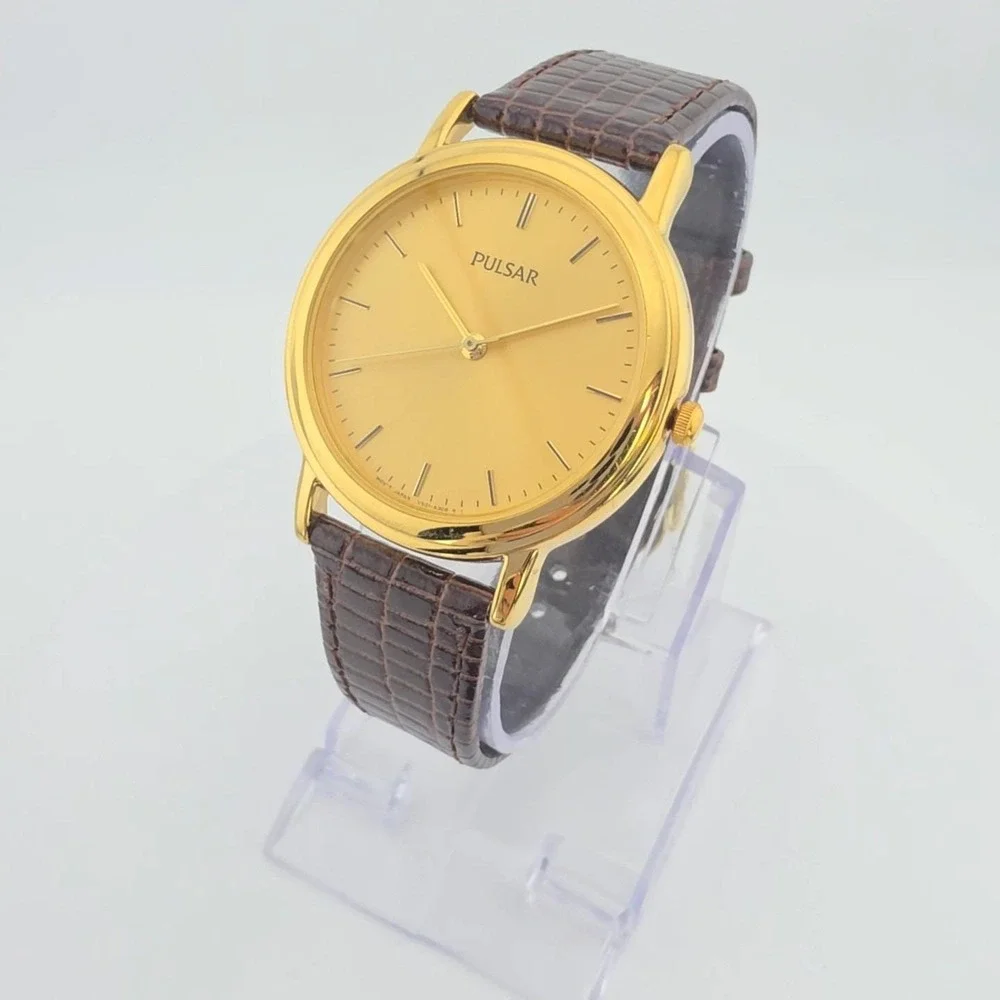 Vintage SEIKO PULSAR Watch 730978 Brown Snake Skin Band Gold Plate 8